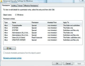 Разрешения для каталога Windows в Vista