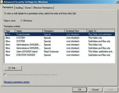 Разрешения для каталога Windows в Windows Server 2008