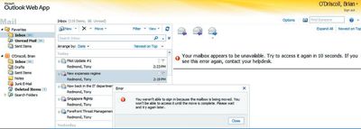 Экран 3. Сообщение об ошибке Outlook Web App при переносе