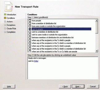 Настройка условия правила транспорта в мастере New Transport Rule