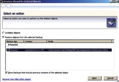 Восстановление объектов с резервной копии с помощью диспетчера Quest Recovery Manager