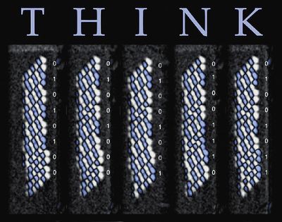 T-H-I-N-K... ИЗОБРАЖЕНИЕ БАЙТА в различных магнитных состояниях. Белый сигнал справа соответствует логическому нулю, а синий сигнал — логической единице. Между двумя этими изображениями магнитные состояния битов переключаются таким образом, чтобы закодировать в двоичной кодировке ASCII слово THINK 