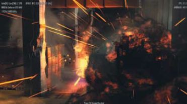 Взрыв в игре Mafia 2. Скриншот справа — с включенным PhysX. Обратите внимание на обломки. P.S. Момент скриншота пойман не совсем точно, на самом деле включение PhysX не оказывает влияния на отрисовку пламени и дыма