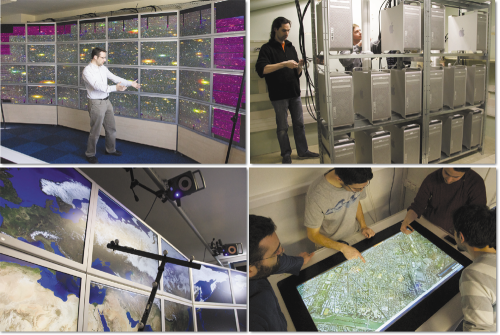 Рис. 2. Платформа WILD содержит дисплей из тридцати двух 30-дюймовых мониторов (наверху слева), 16-узловой кластер (наверху справа), систему отслеживания перемещений (внизу слева) и интерактивный стол (внизу справа)