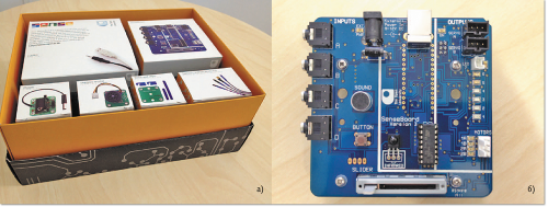 Рис. 1. Плата SenseBoard: а — студенты получают SenseBoard в специальном конструктиве, позволяющем легко различать типы компонентов;  б — на плате SenseBoard обозначены группы входных и выходных разъемов. Разные виды коннекторов используются для подсоединения датчиков, светодиодов и шагового электродвигателя  
