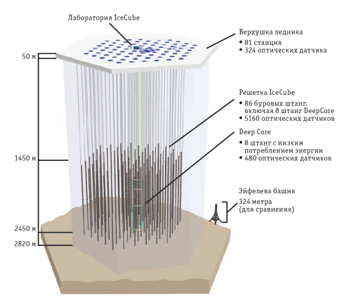 Схема нейтринной обсерватории IceCube. На поверхности ледника находится лаборатория IceCube