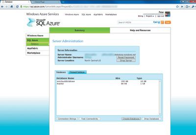 Экран 1. Окно управления SQL Azure