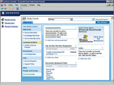 Экран 4. Сайт корпоративной сети, использующий задачи перехода и открытый в представлении панели задач оснастки Link to Web Address, выступает вроли консоли