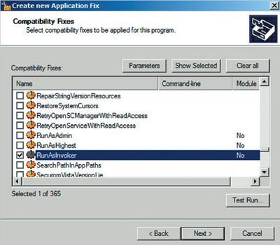 Экран 1. Страница создания исправлений совместимости с выбором RunAsInvoker