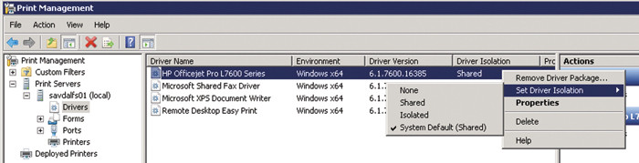 Настройка изоляции драйверов печати