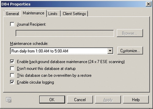 Установка параметров обслуживания базы данных почтовых ящиков