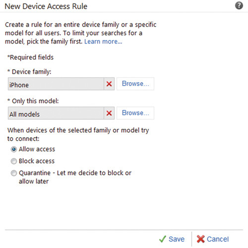 Задание правила доступа для мобильного устройства