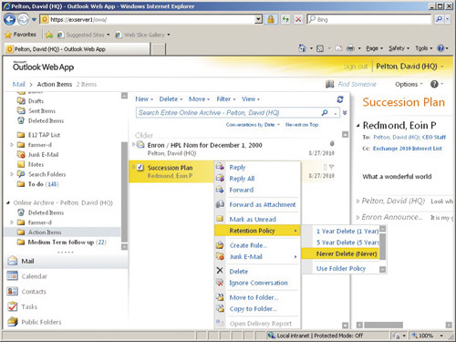 Обращение к хранимым в архиве документам с помощью приложения Outlook Web App
