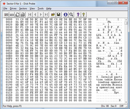 512-байтовый сектор 0 (ноль) на физическом диске 0 (ноль) в редакторе Disk Probe