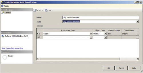 Создание спецификации аудита с использованием SSMS