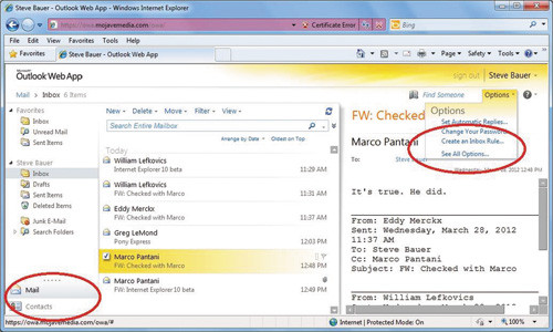 Веб-интерфейс OWA после применения политики