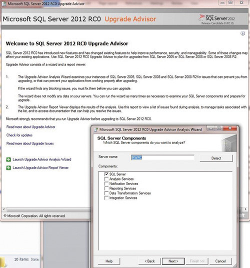 Запущенная утилита Upgrade Advisor