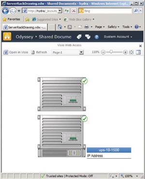 Веб-диаграмма Visio со?встроенным состоянием работоспособности для?двух серверов и?источника бесперебойного питания