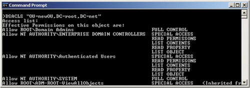 Часть результатов команды Dsacls при перечислении списков ACL на?организационной единице