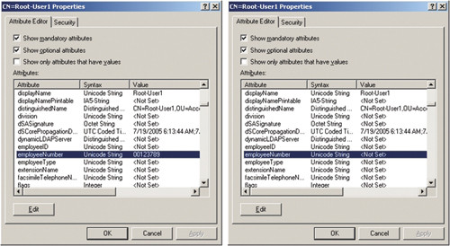 Содержимое атрибутов с доступом для чтения (слева) и без доступа для чтения (справа), с?использованием ADSI Edit