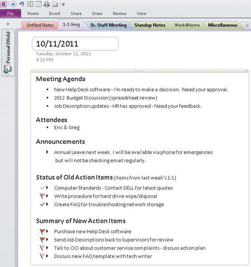 Представление пунктов действий