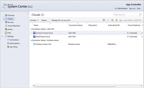 Окно Clouds программы App Controller