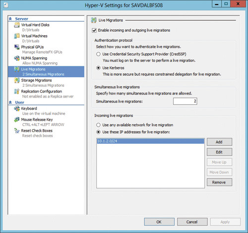 Настройки live migration на сервере Hyper-V