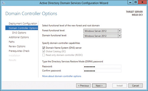 Страница параметров контроллера домена