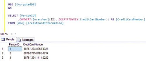 Использование функции DECRYPTBYKEY для?просмотра зашифрованных данных