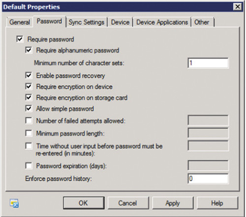 Закладка Password свойств политики в консоли EMC
