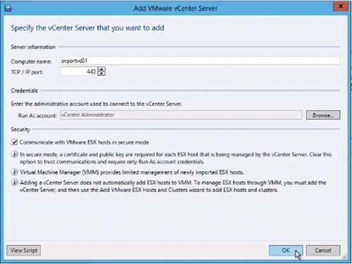 Добавление сервера vCenter Server в VMM 2012
