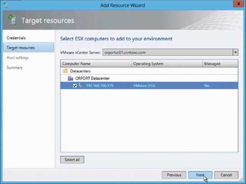 Выбор серверов ESXi для добавления