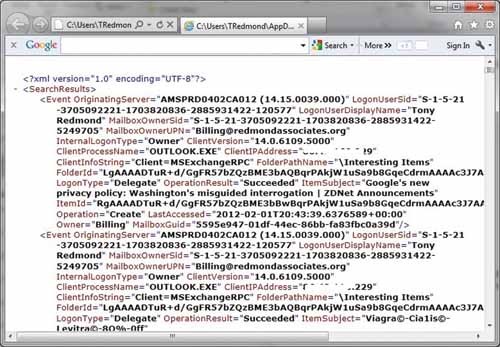 Пример подготовленного New-MailboxAuditLogSearch файла аудита в формате XML