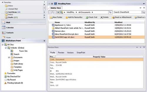 Outlook с подключенным модулем Workshare Point