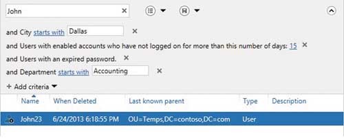 Ввод данных для поиска учетной записи пользователя John в соответствии с выбранными критериями