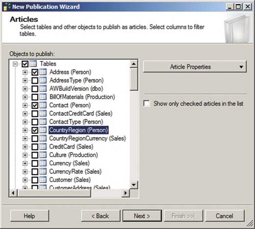 Выбор таблиц для репликации