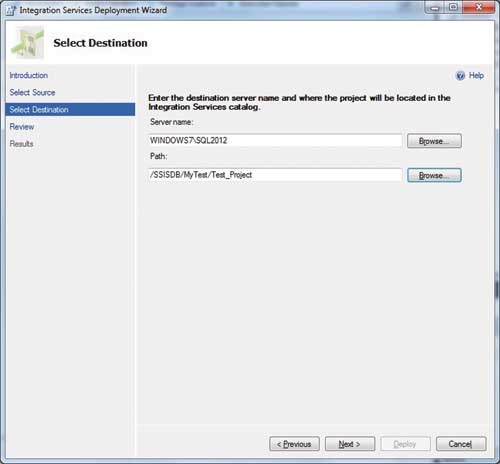 Указание места назначения для проекта SSIS