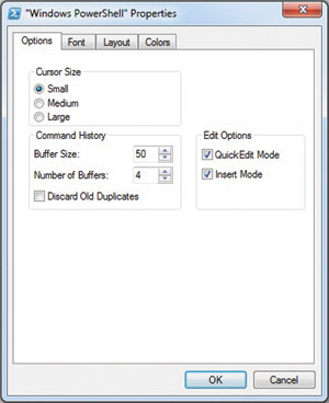Окно свойств PowerShell, вкладка Options