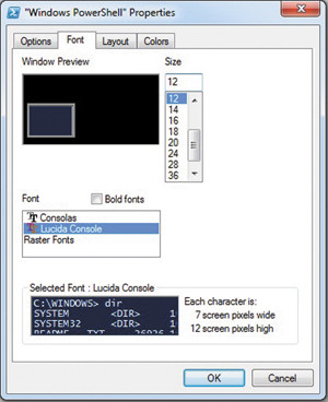 Окно свойств PowerShell, вкладка Font