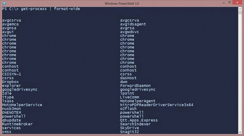 Результаты команды Get-Process в широком формате