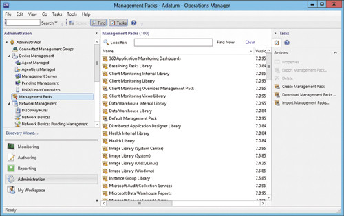 Консоль Operations Manager, отображающая пакеты управления