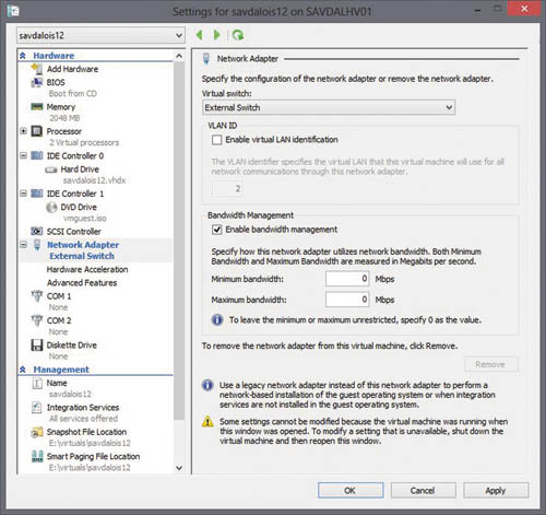 Настройка полосы пропускания в графическом интерфейсе Hyper-V Manager