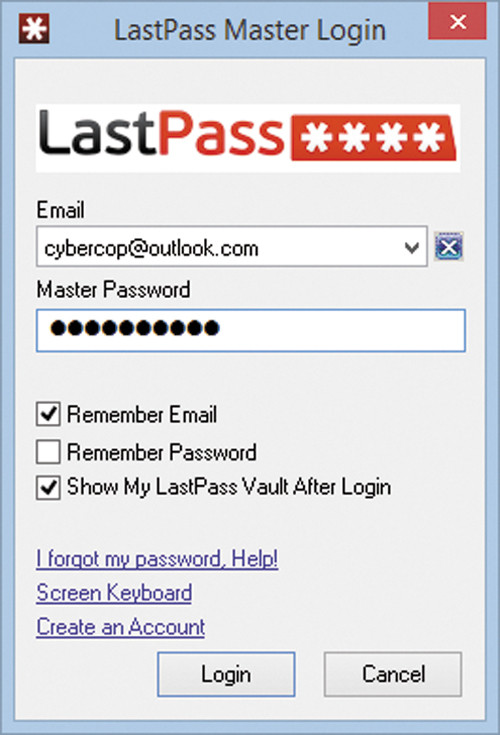 Окно LastPass Master Login