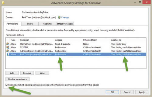 Проверка разрешений и наследования