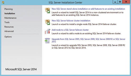 Страница Installation центра установки SQL Server