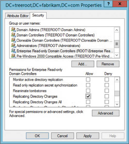 Включение разрешения Replicating Directory Change