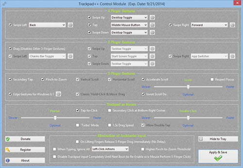 Окно утилиты управления трекпадом