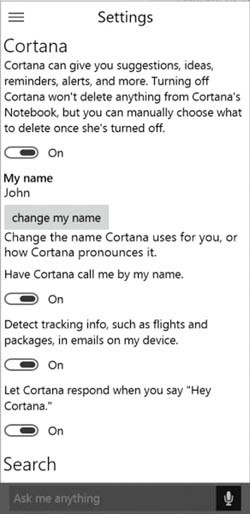 Окно настроек Cortana