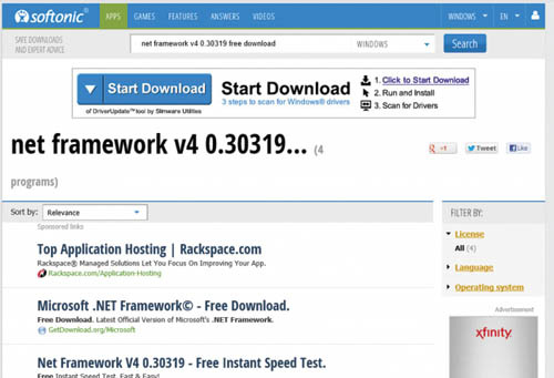 Ссылка для загрузки Microsoft .NET Framework 4 на сайте Softonic