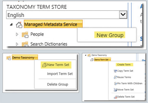Создание новой группы, набора терминов и нескольких терминов